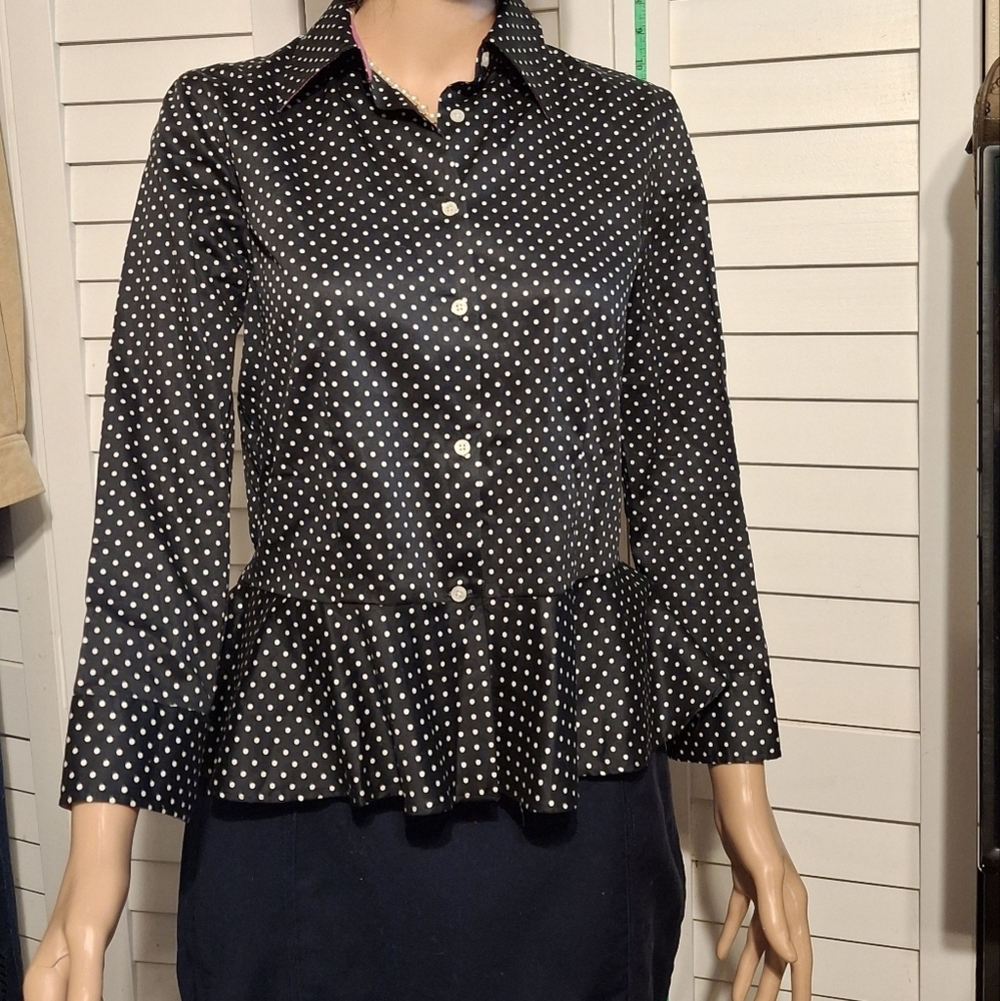 Ralph Lauren Polka Dot Peplum Blouse ruffled Black and White Sz S - Picture 1 of 5
